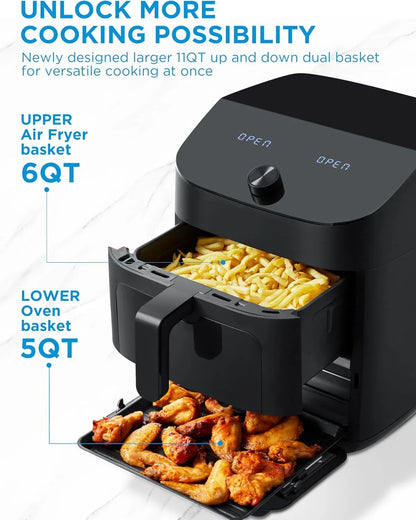Dual Basket Air Fryer Oven 11 Quart 8 in 1 Functions, Clear Window, Smart Sync Finish, Works with Alexa, Wi-Fi Connectivity