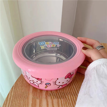 Anime Sanrio Hello Kitty Stainless Steel With Lid Ramen Bowl Student Dormitory Fruit Salad Rice Soup Bowl Kitchen Tableware