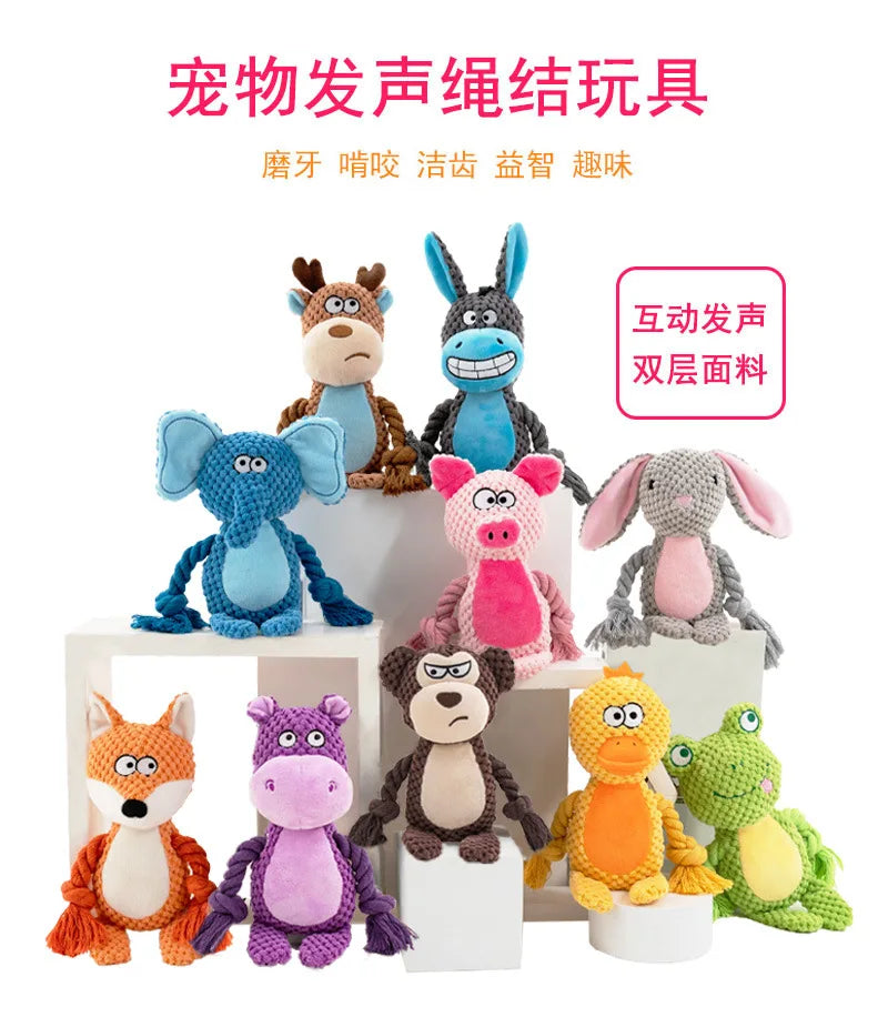 Squeaky Plush Rope Toys for Dogs: Fox Frog Pig Animal Pull Tug Cotton Bite-Resistant Cord - Interactive Training for Puppy Bond