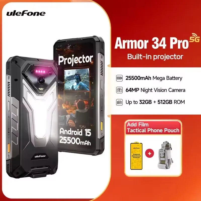 Ulefone Armor 34 Pro 5G AI Rugged Phone 32GB+512GB 25500mAh 6.95" Built-in Projector 120Hz Android 15 MTK 7300 NFC Smartphone