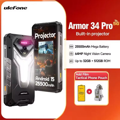 Ulefone Armor 34 Pro 5G AI Rugged Phone 32GB+512GB 25500mAh 6.95" Built-in Projector 120Hz Android 15 MTK 7300 NFC Smartphone