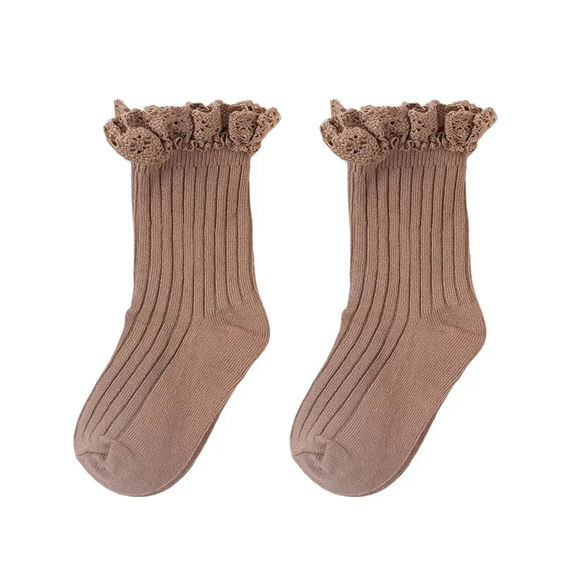 Korean Baby Children Girls Cute Striped Socks Kids School Uniform Stockings Princess Floral Ruffled Long Socks Mid-calf Socks