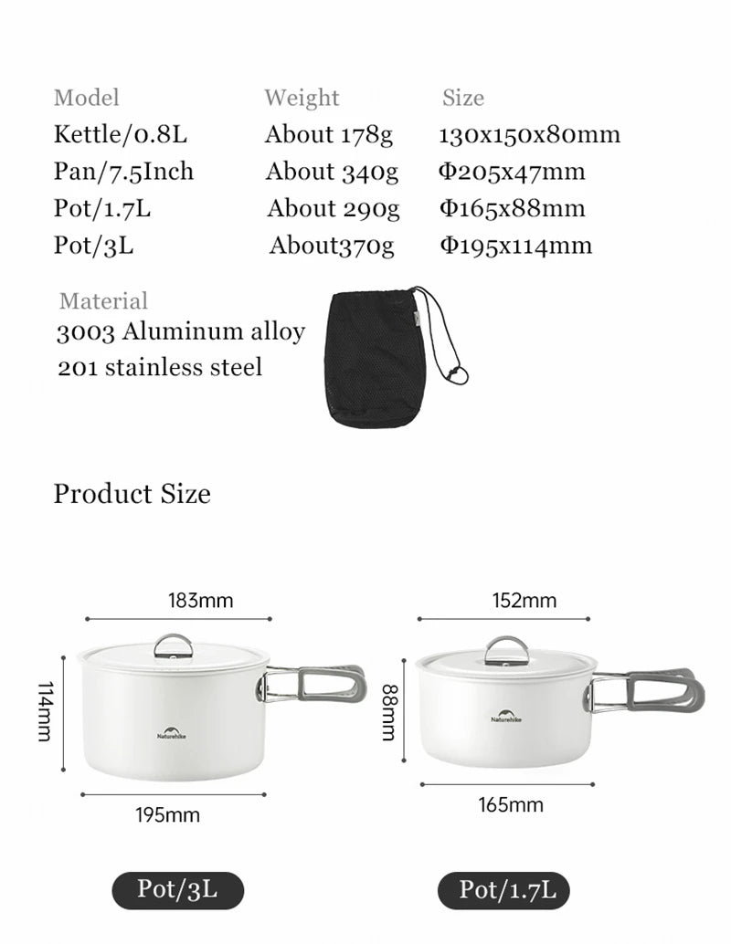 Naturehike Ceramic Non Stick Pot Outdoor Camping Portable Kitchenware BBQ Picnic Kettle Frying Pan Cookware Barbecue Tablewar