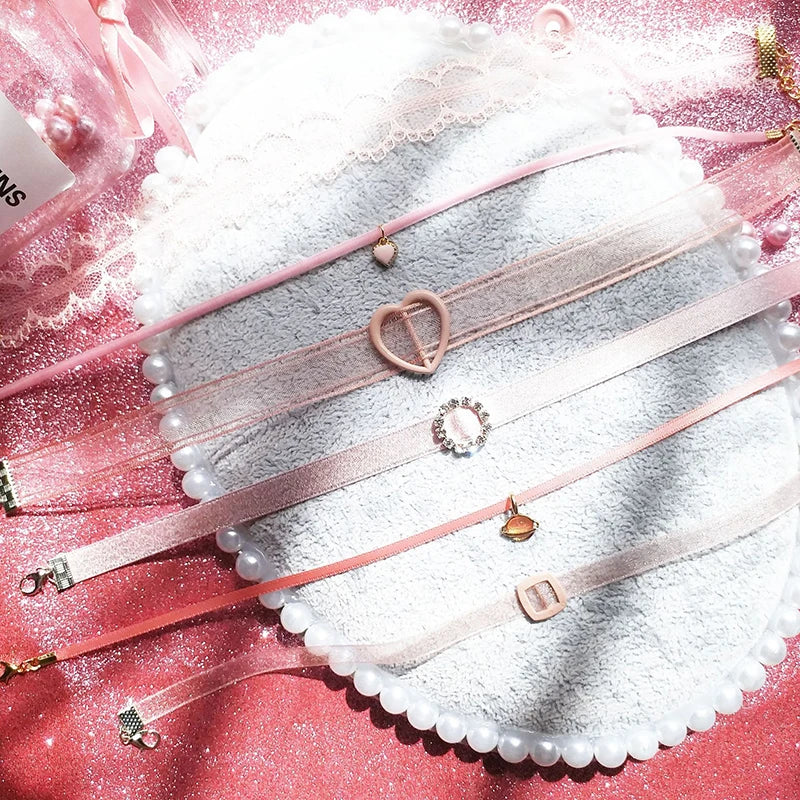 Fashion Women's Choker Necklace Lovely Gothic Pink Lace Pearl Pendant Elastic Short Clavicle Necklace Jewelry Gift For Girls