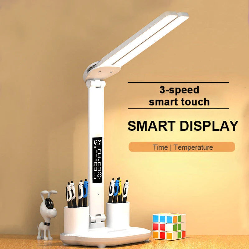 LED Table Lamp USB Chargeable Dimmable Clock Desk Lamps 2 Heads 180 Rotate Foldable Eye Protection Desktop Reading Night Lights