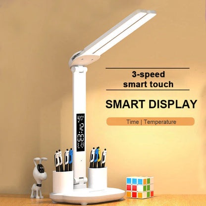 LED Table Lamp USB Chargeable Dimmable Clock Desk Lamps 2 Heads 180 Rotate Foldable Eye Protection Desktop Reading Night Lights