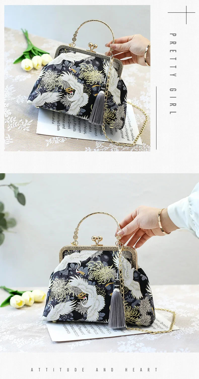 Fashion Vintage Fringe Bag Small Shell Bags Chain Women Shoulder Crossbody Bag Crane Flying Women's Handbags Purses Embroidery